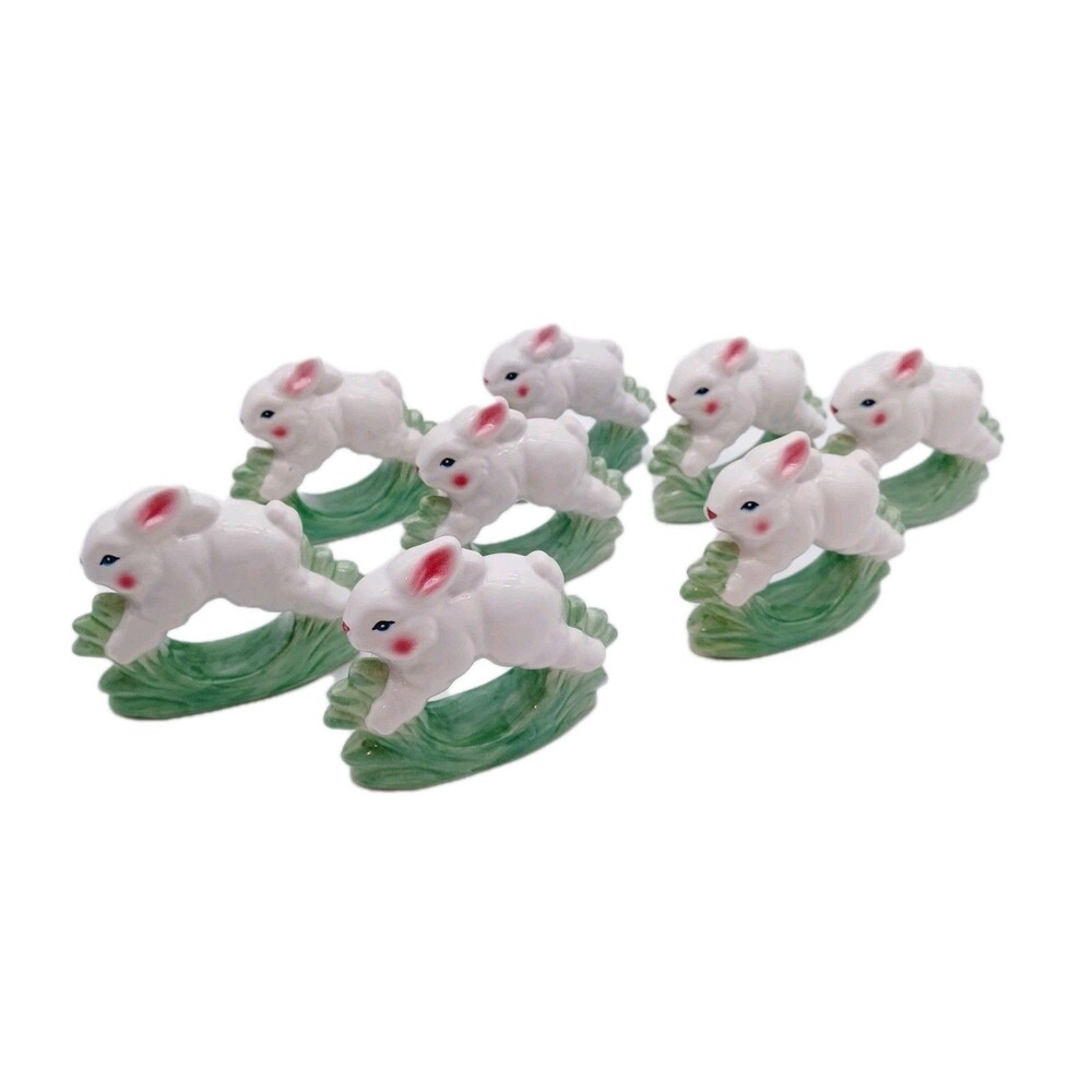 Vtg Bunny Bunnies  Napkin Rings 8 PC Rabbit Ceramic 1998 Brinns Spring Cottage